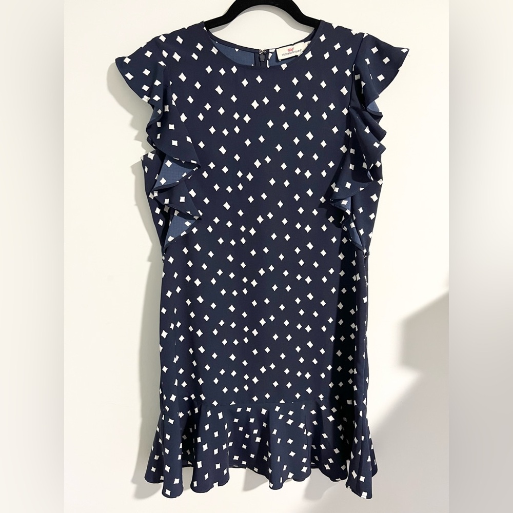 Vineyard Vines Navy & White Cap Sleeve Diamond Dot Ruffle Shift Dress Size 4 EUC